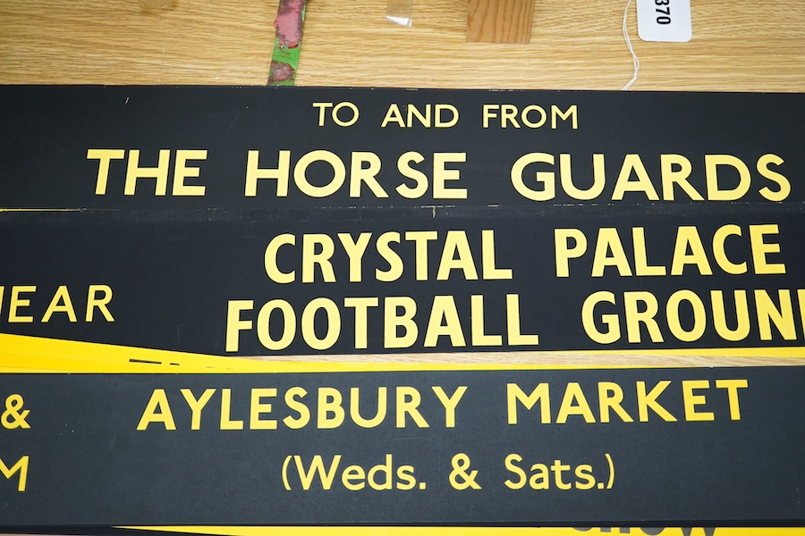 A collection of mid 1960s London Transport slipboard posters understood to have been used on Routemaster buses, signs include; to and from the horse guards, to inform Harrow Meadow, Eltham Road for Greenwich show, Millwa